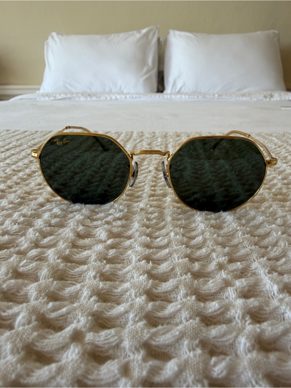 Ray-Ban Gold Frame Dark Green Lens Octagonal Sunglasses